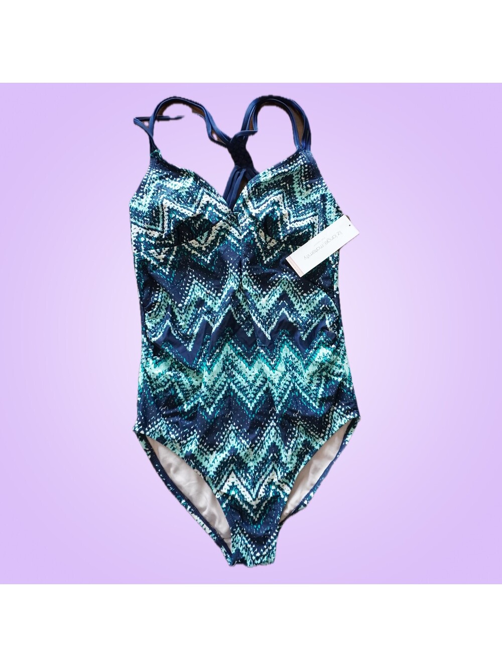 NWT Liz Lange Maternity Womens Small Blue Geometric 1 Piece Swimsuit Cross Back